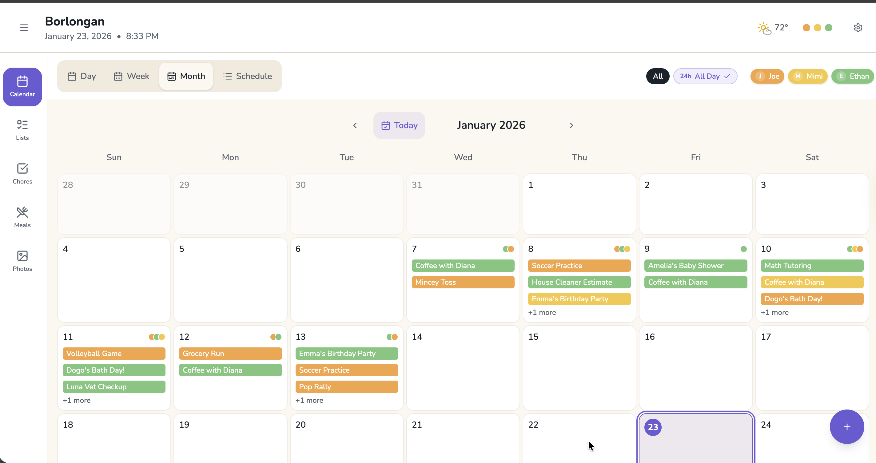 FamilyHub calendar interface showing family scheduling features